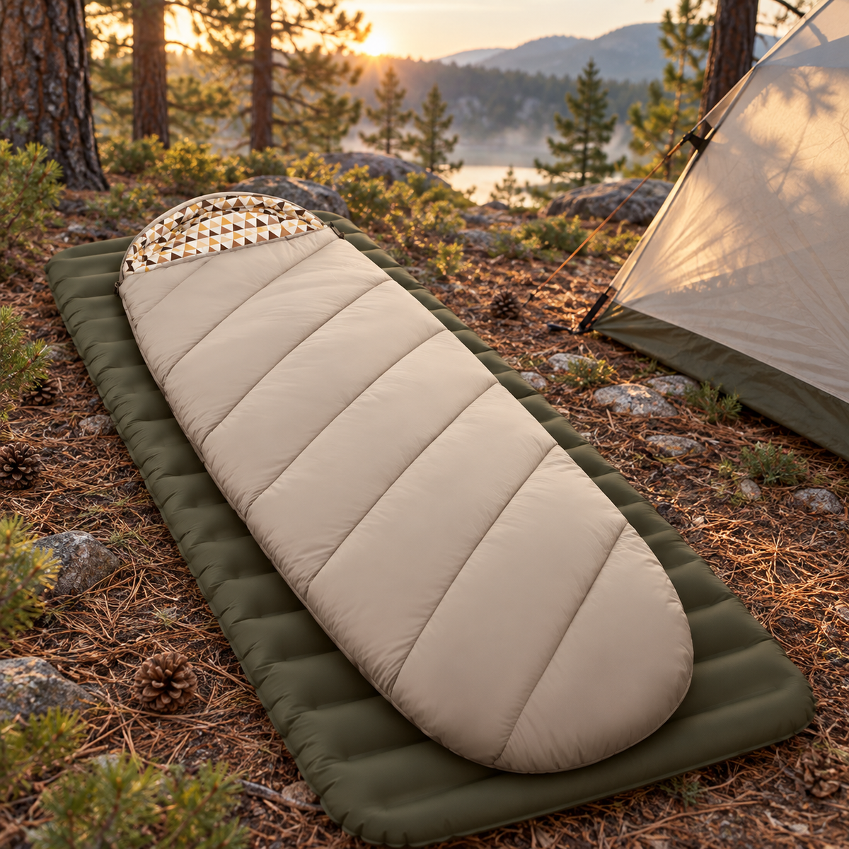 Sac de couchage couverture flanelle beige fermé en bivouac forestier