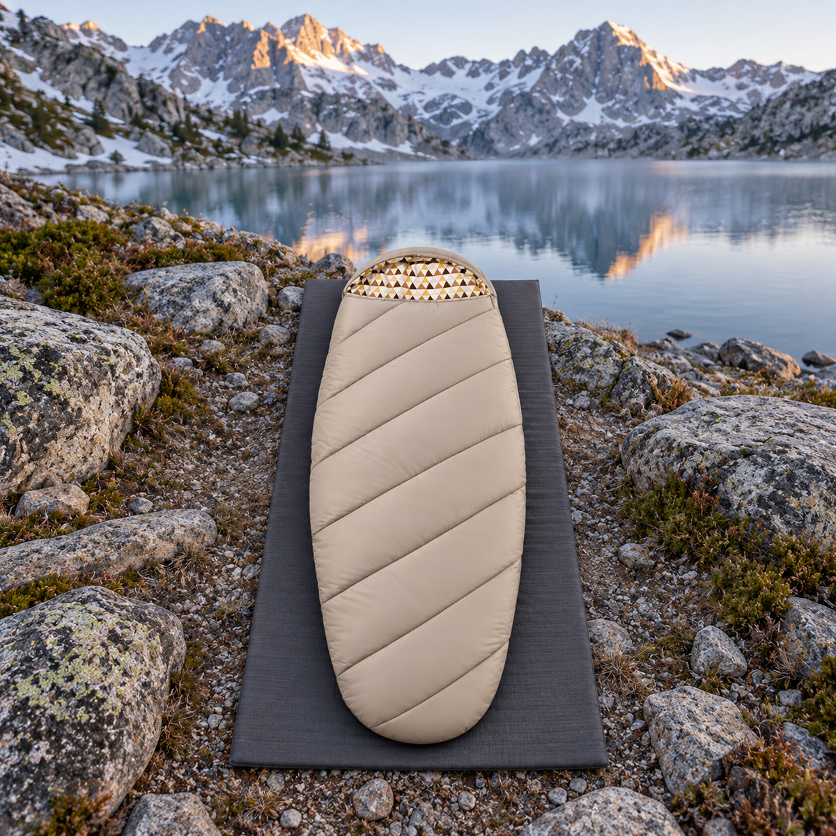 Sac de couchage couverture flanelle beige fermé près d’un lac alpin