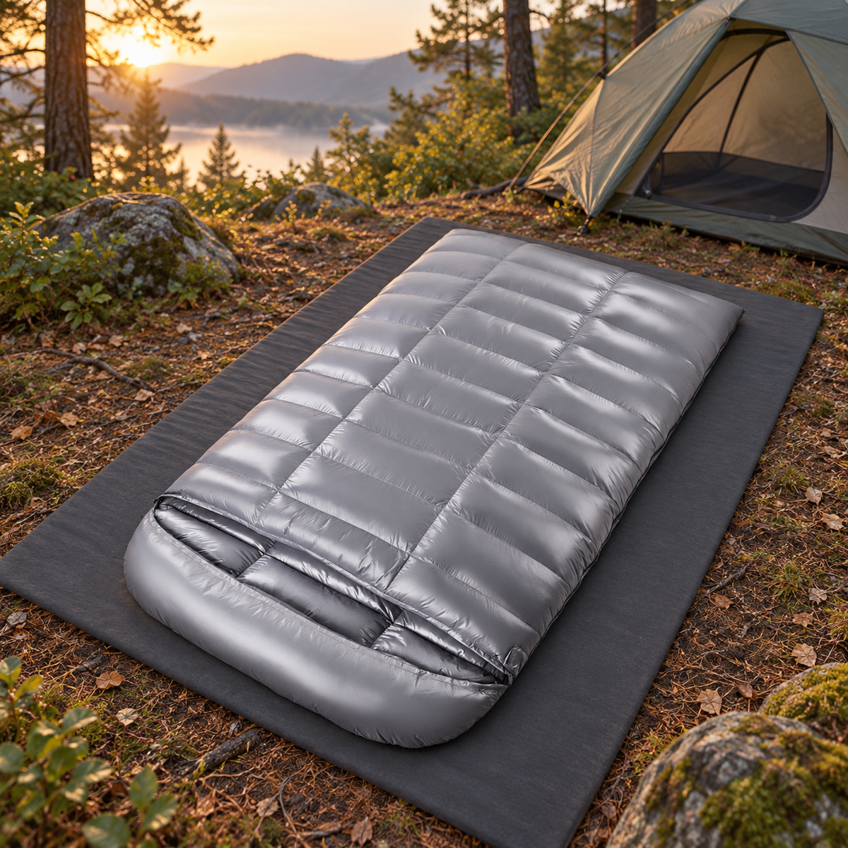 Sac de couchage duvet deux personnes gris entier sur tapis au bivouac