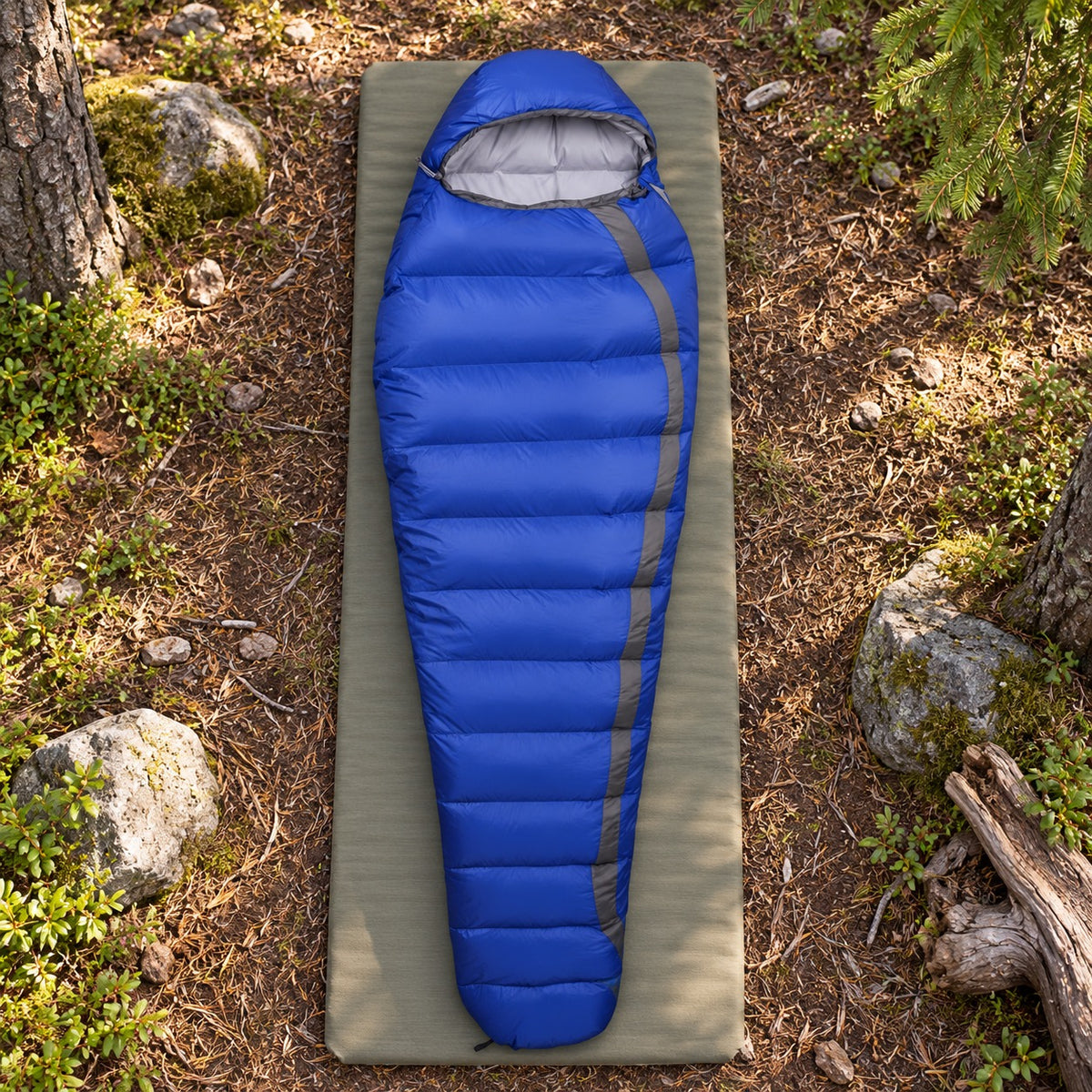 Sac de couchage duvet de canard bleu fermé sur tapis en forêt