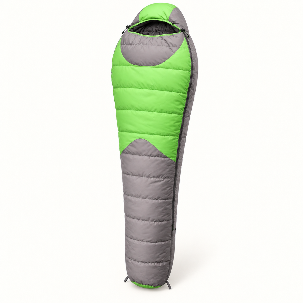 Sac de couchage duvet femme vert et gris en vue trois-quarts