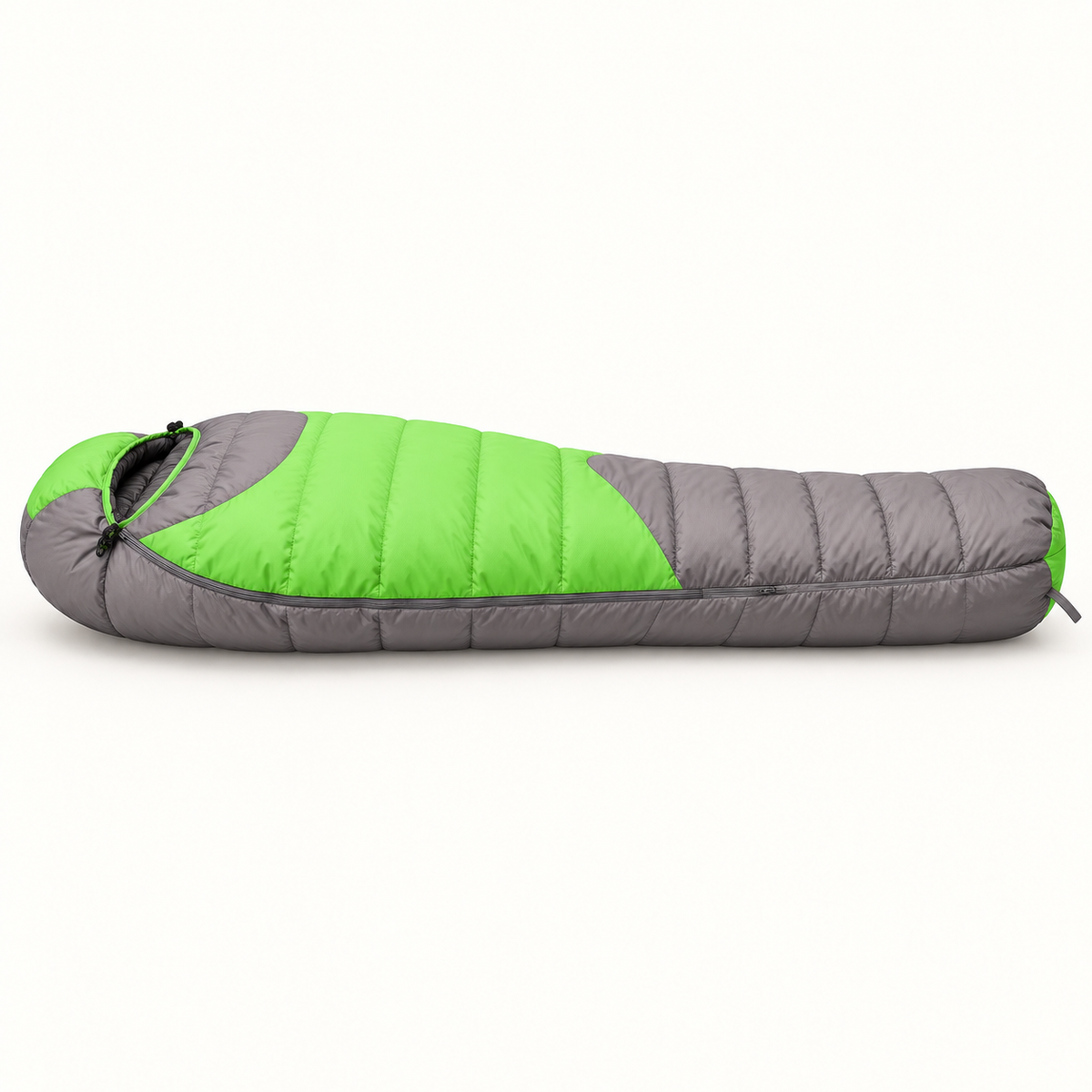 Sac de couchage duvet femme vert et gris de profil