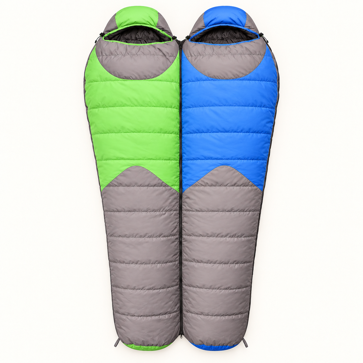 Deux sacs de couchage duvet femme vert et bleu couplés