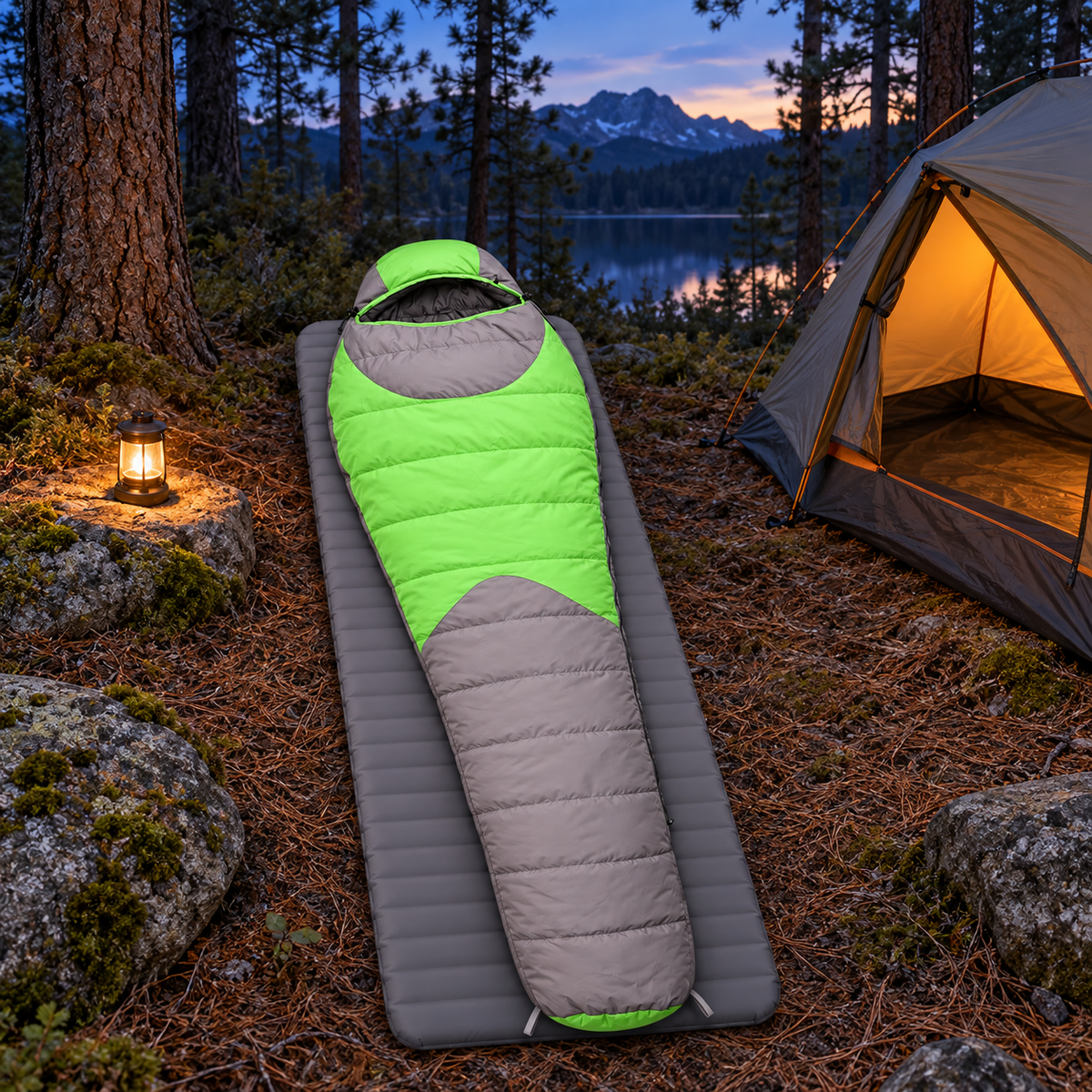 Sac de couchage duvet femme vert en bivouac forestier