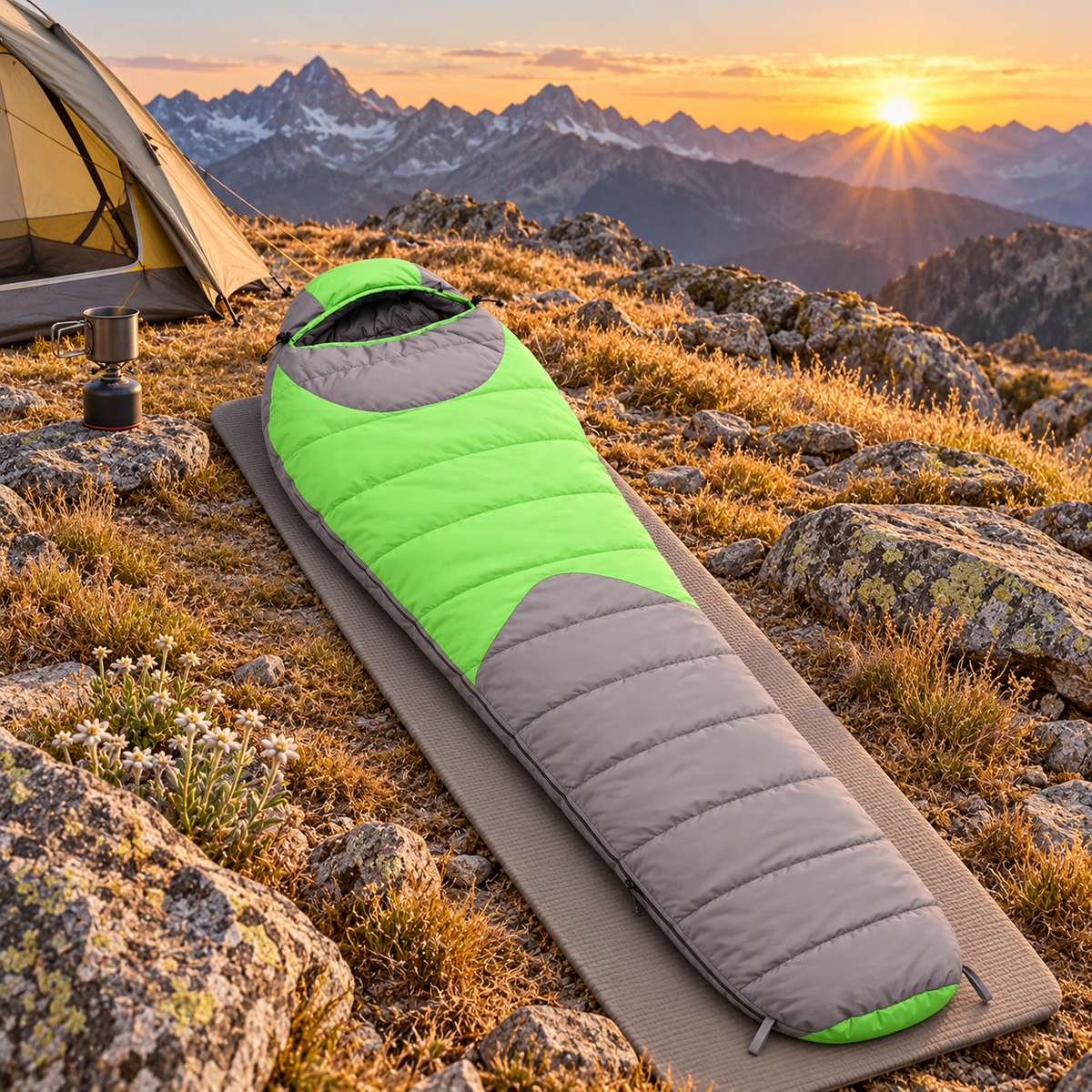 Sac de couchage duvet femme vert en bivouac alpin