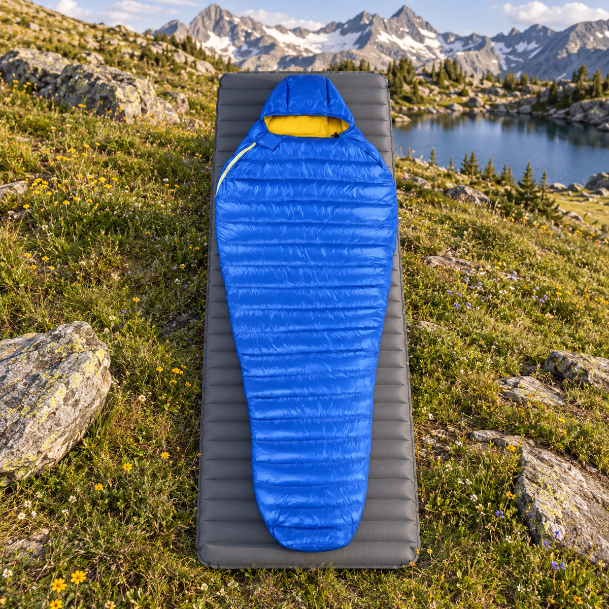 Sac de couchage duvet léger bleu entier sur tapis en montagne