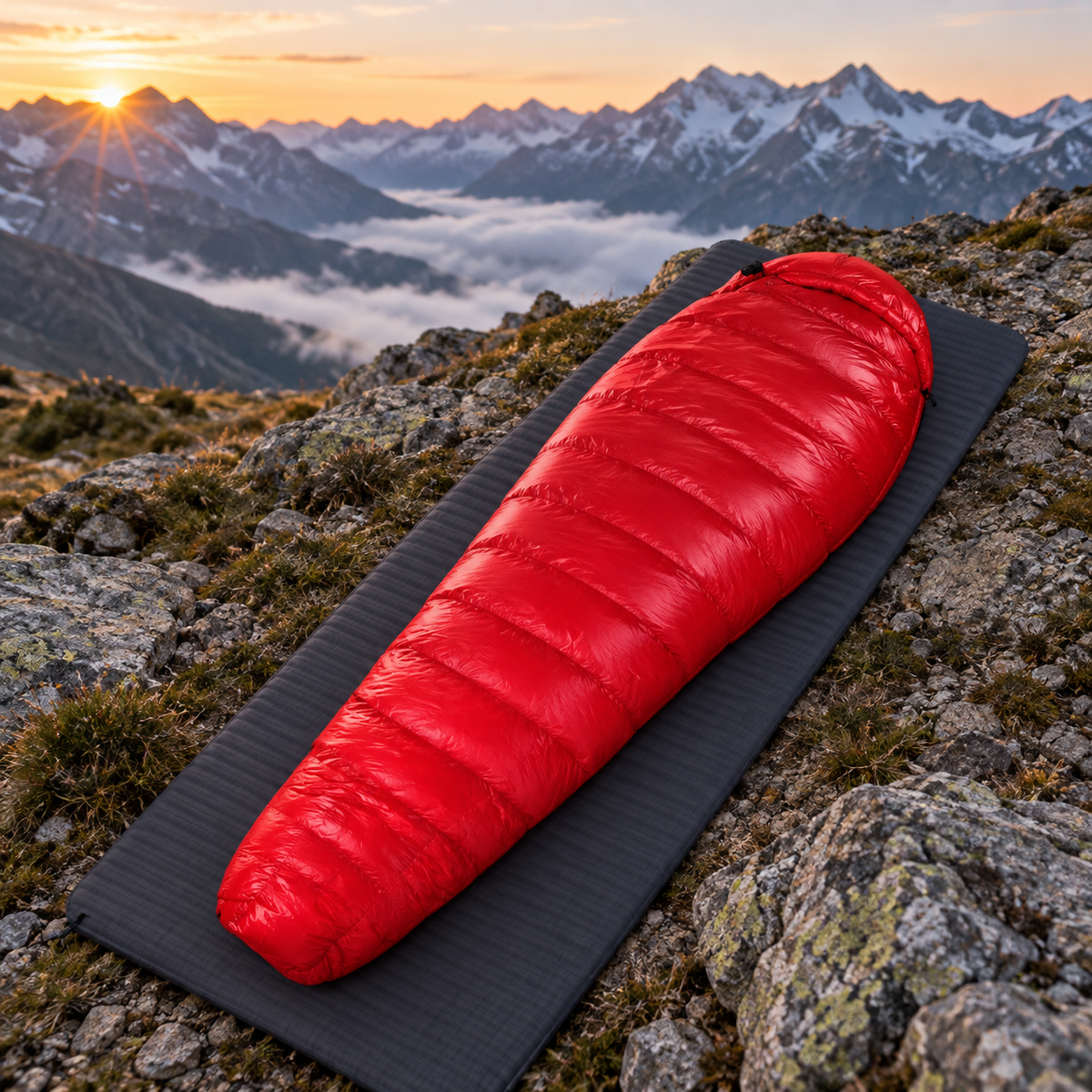 Sac de couchage duvet -10 °C rouge fermé entier sur tapis au bivouac