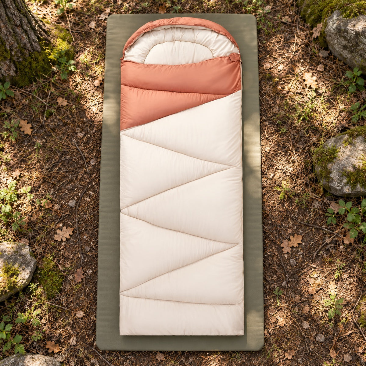 Sac de couchage enfant 0°C crème et saumon fermé sur tapis en forêt