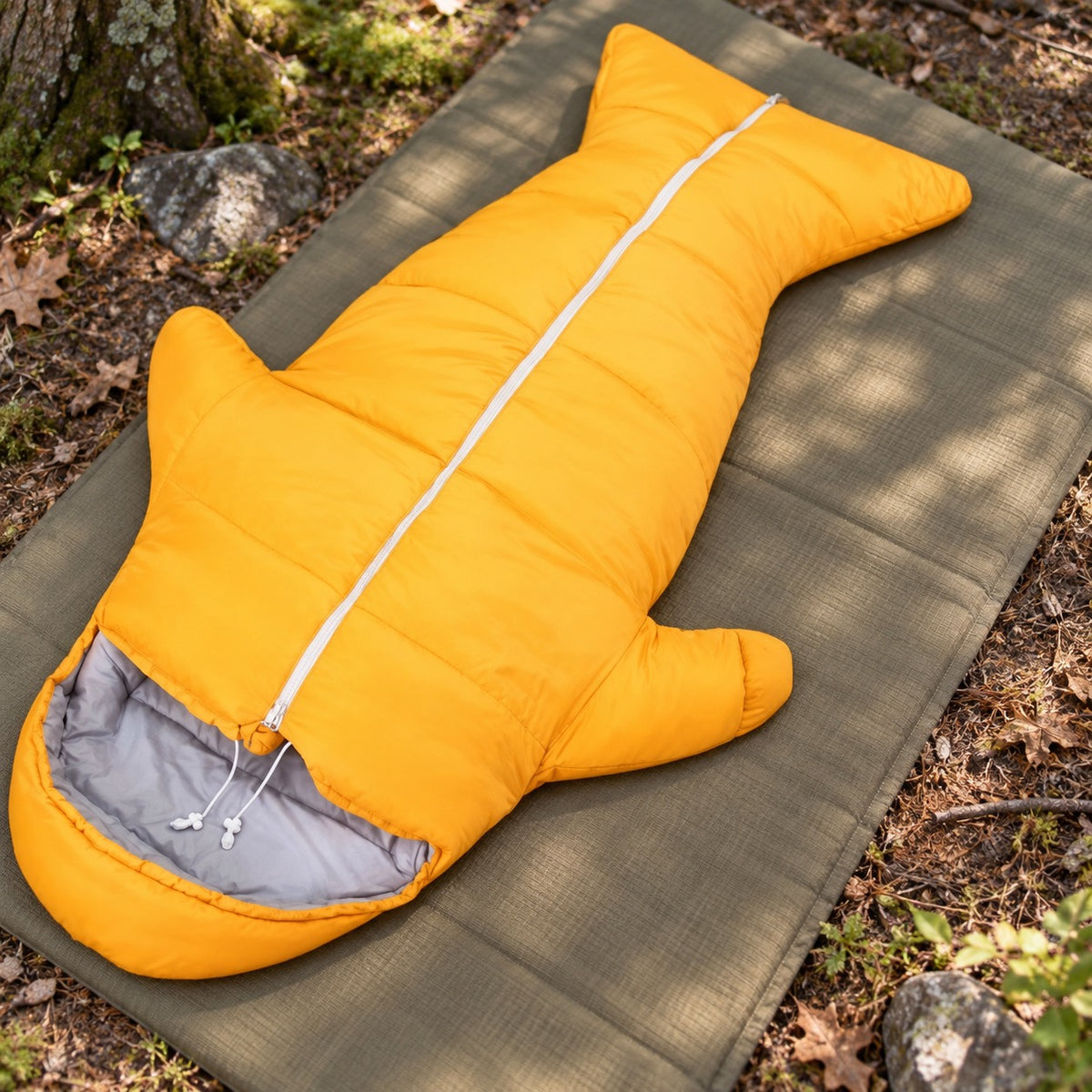 Sac de couchage enfant coton jaune fermé sur tapis en forêt