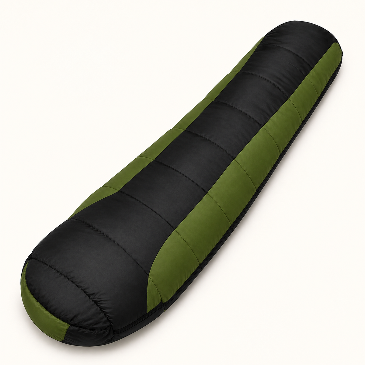 Sac de couchage enfant grand froid vert armée et noir — packshot extérieur fermé