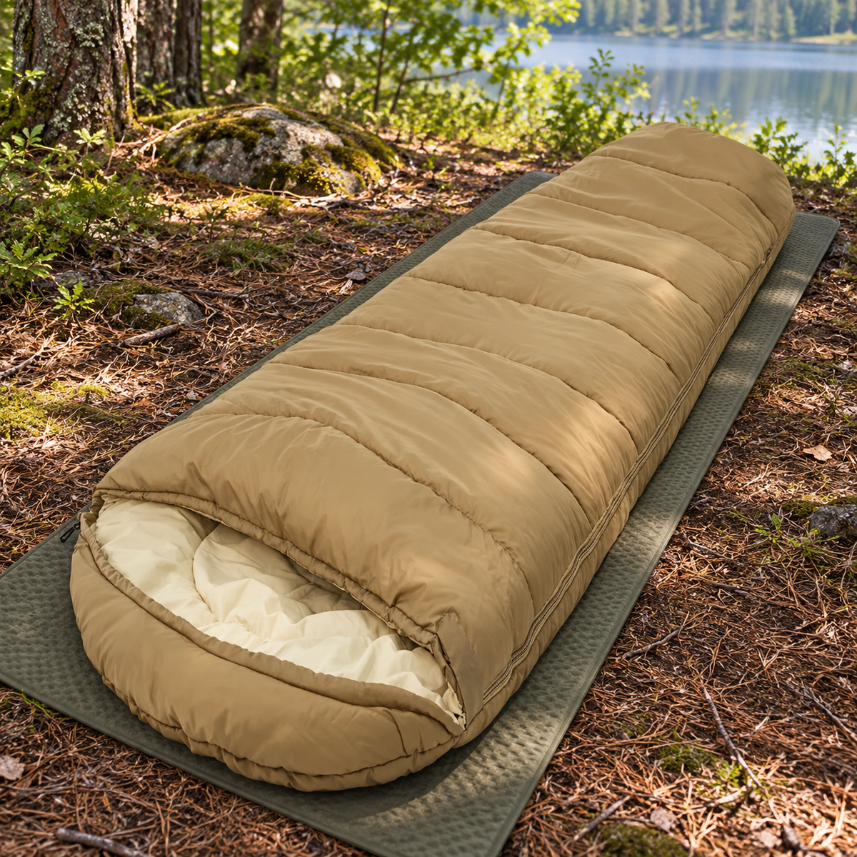 Sac de couchage été coton beige entier sur tapis en forêt