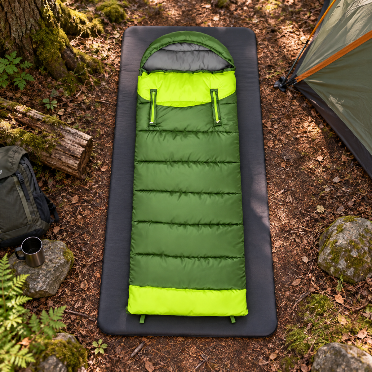 Sac de couchage femme léger vert entier sur tapis au bivouac