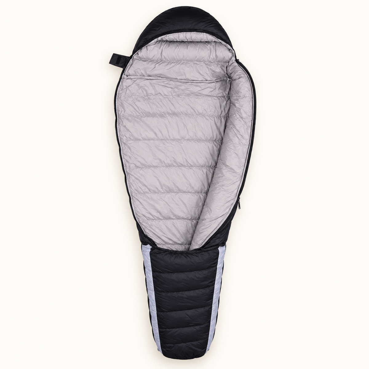 Sac de couchage femme -10°C noir ouvert — doublure intérieure