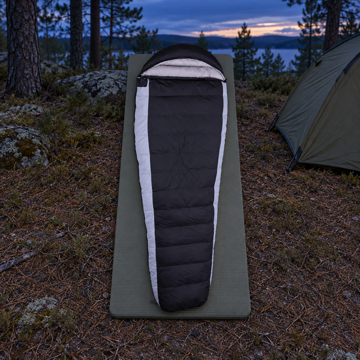 Sac de couchage femme -10°C noir en bivouac forestier