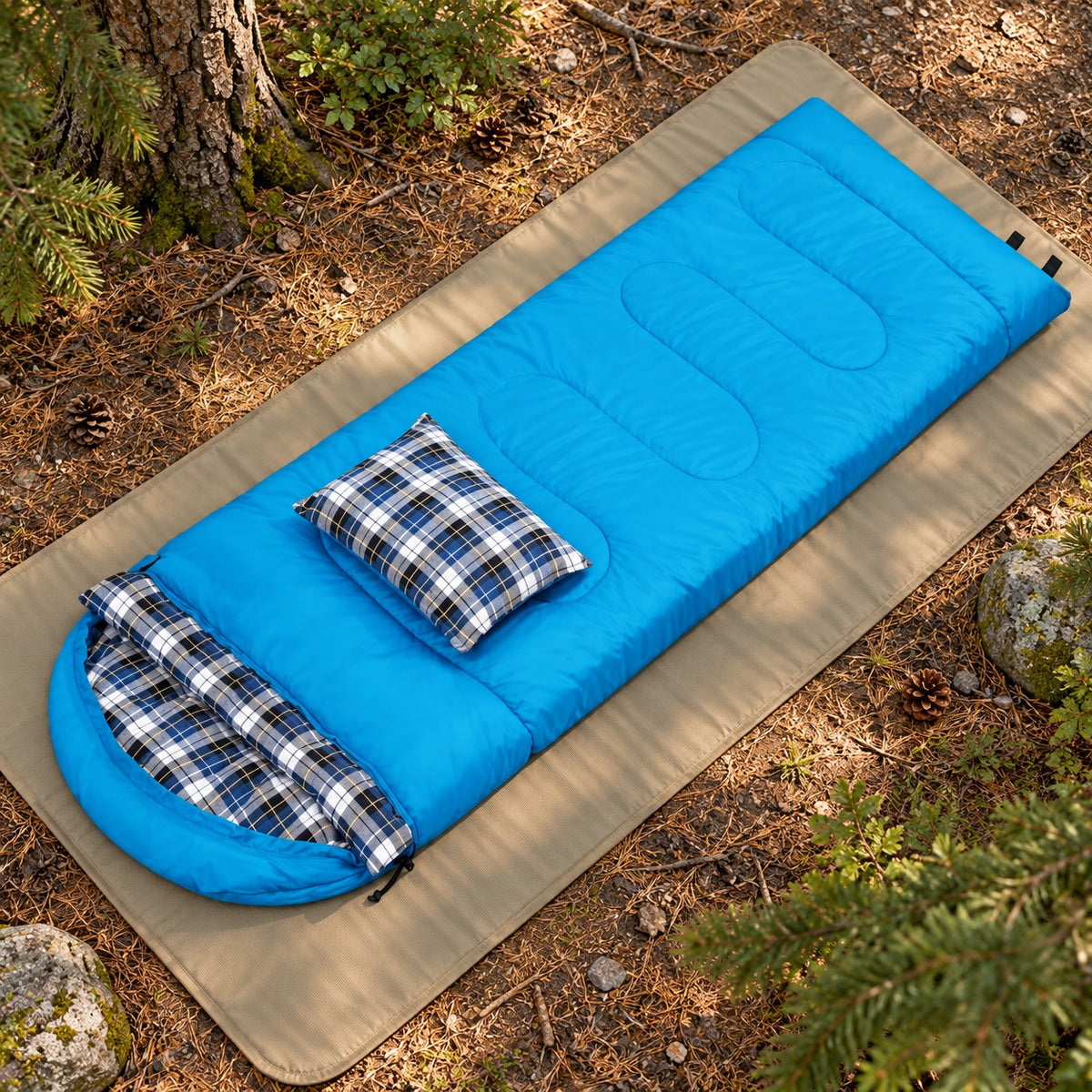 Sac de couchage flanelle bleu fermé avec oreiller sur tapis en forêt