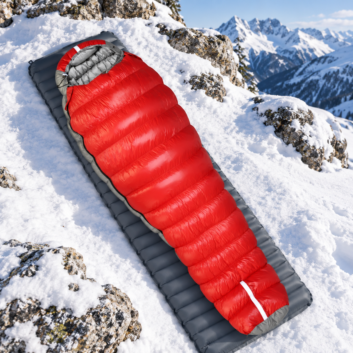 Sac de couchage grand froid duvet d'oie rouge entier sur tapis dans la neige