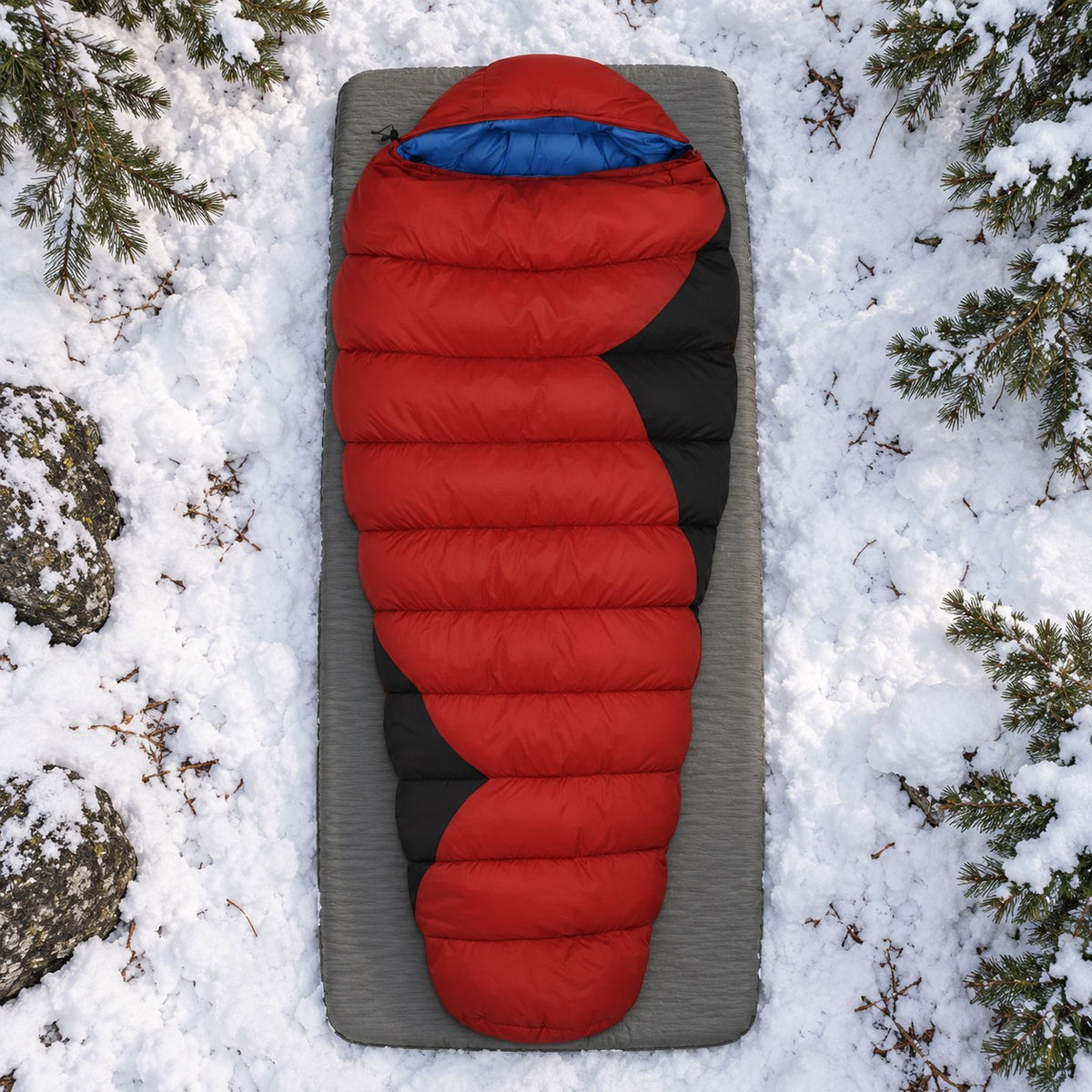 Sac de couchage hiver jumelable rouge et noir fermé sur tapis dans la neige