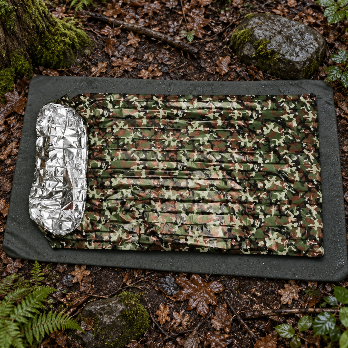 Sac de couchage imperméable rectangulaire camouflage entier sur tapis en forêt humide