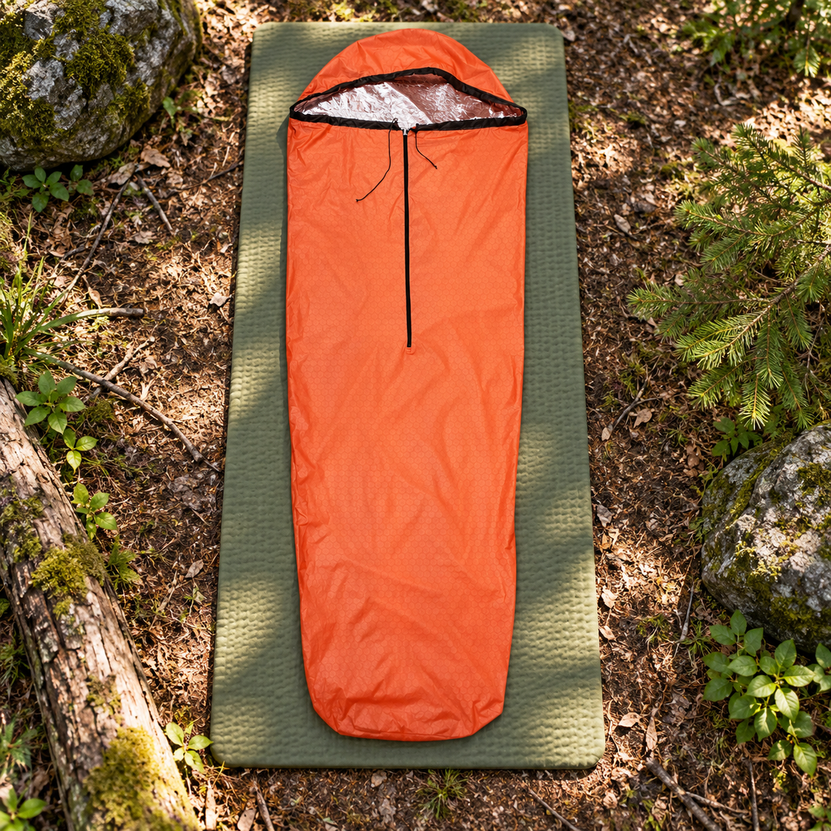Sac de couchage intérieur coton orange entier sur tapis en forêt