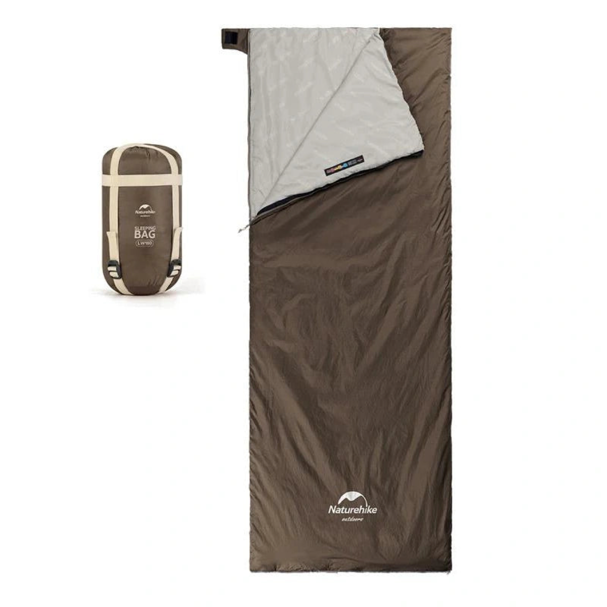 Sac de couchage marron — vue entière avec housse