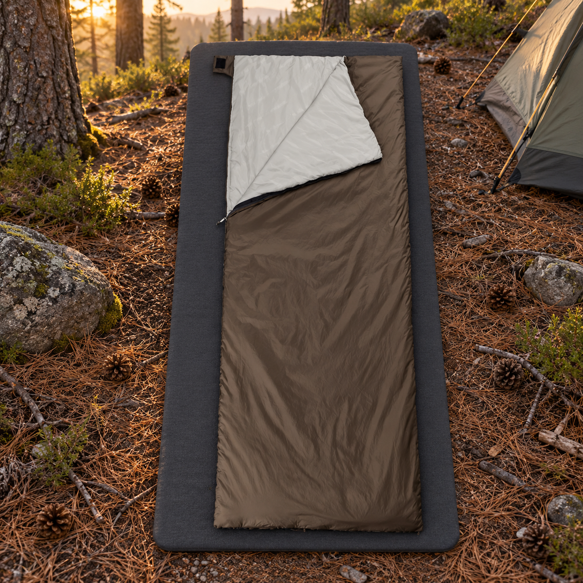 Sac de couchage marron installé sur un tapis au bivouac