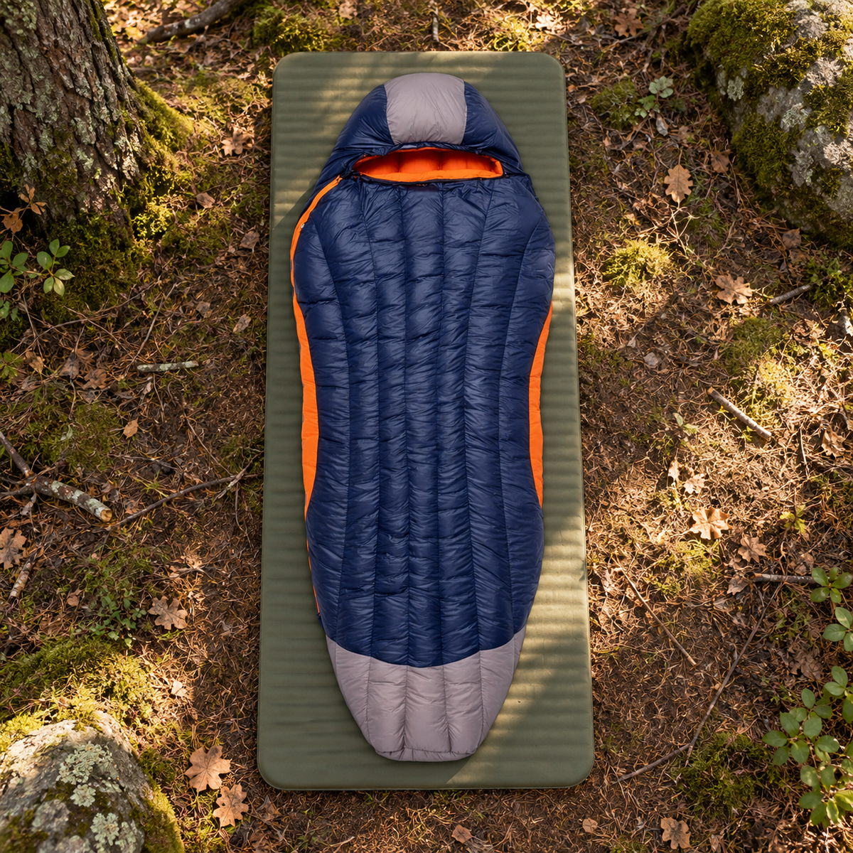 Sac de couchage matelas intégré Navy entier sur tapis au bivouac