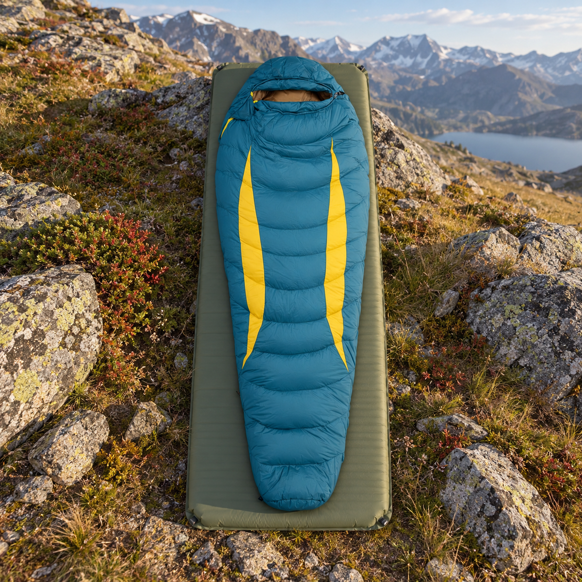 Sac de couchage moins 20 degrés Teal entier sur tapis au bivouac