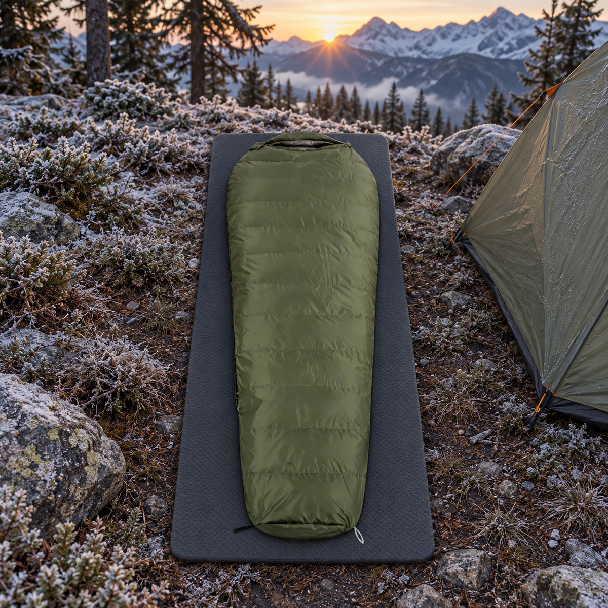 Sac de couchage vert grand froid installé sur un tapis au bivouac