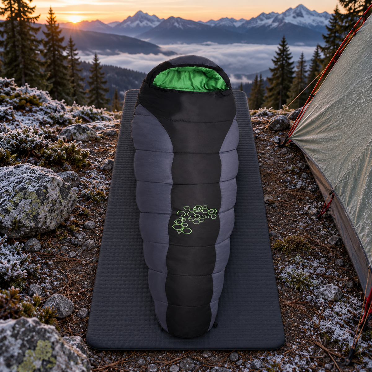 Sac de couchage noir installé sur un tapis au bivouac