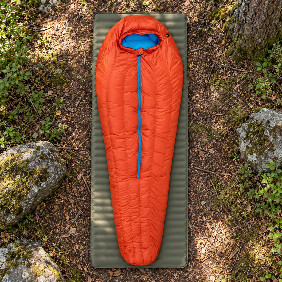 Sac de couchage orange entier sur tapis au bivouac