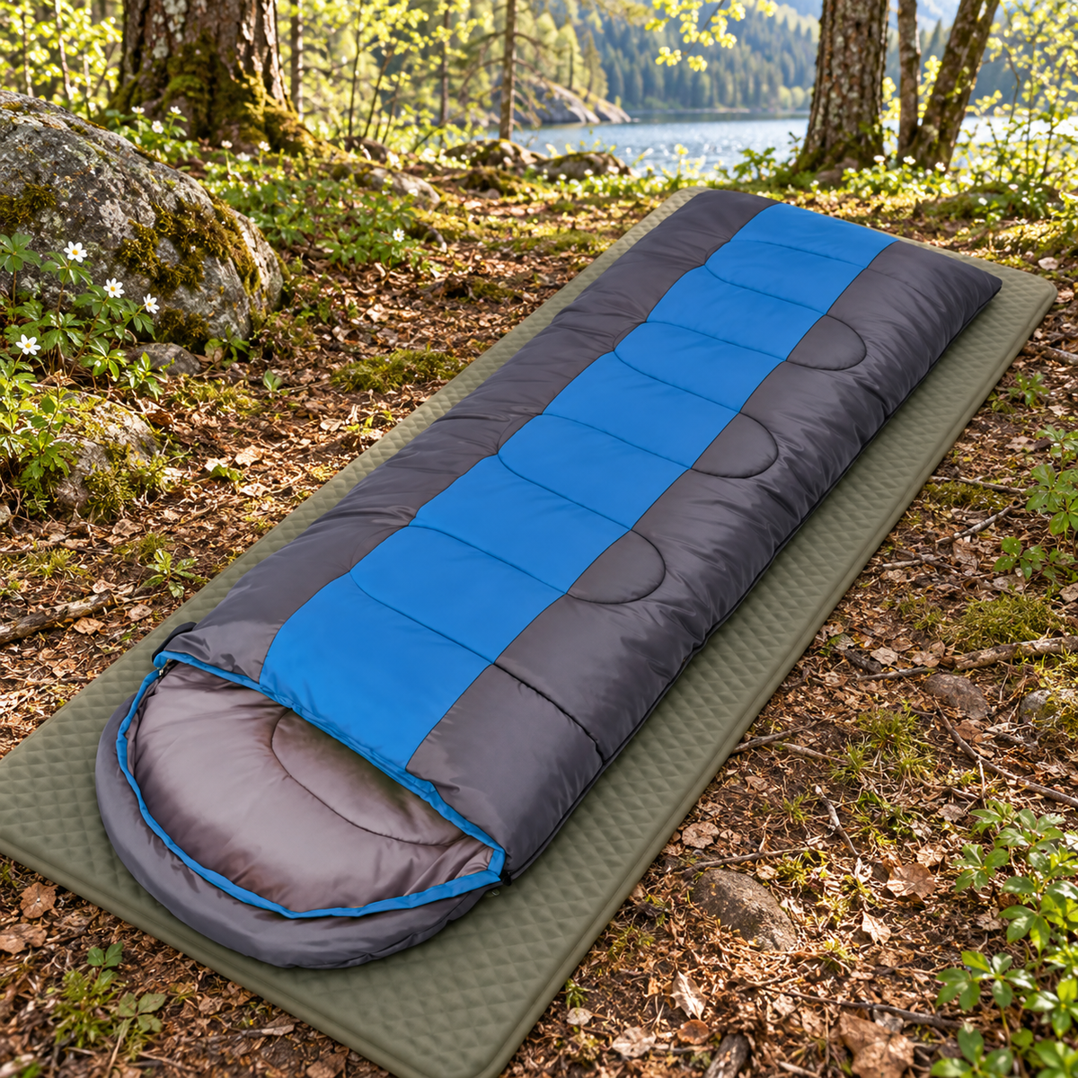 Sac de couchage printemps bleu entier sur tapis en forêt
