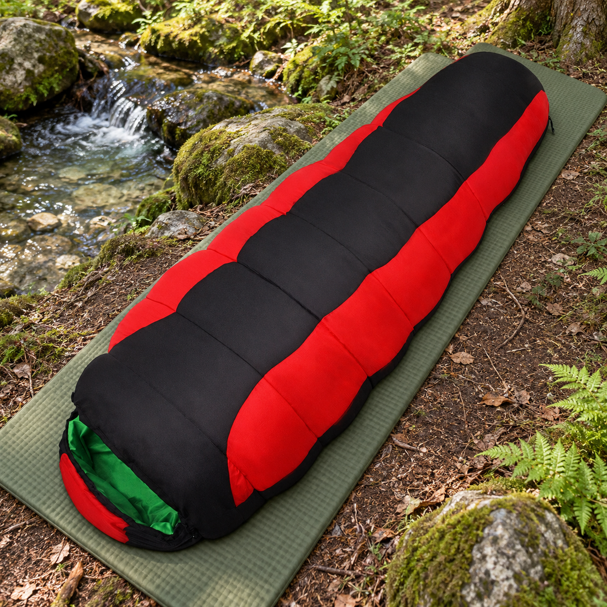 Sac de couchage printemps été rouge et noir entier sur tapis en forêt