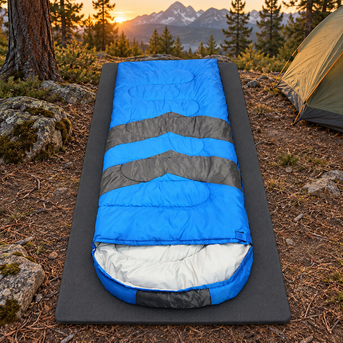 Sac de couchage rectangulaire bleu installé sur un tapis au bivouac