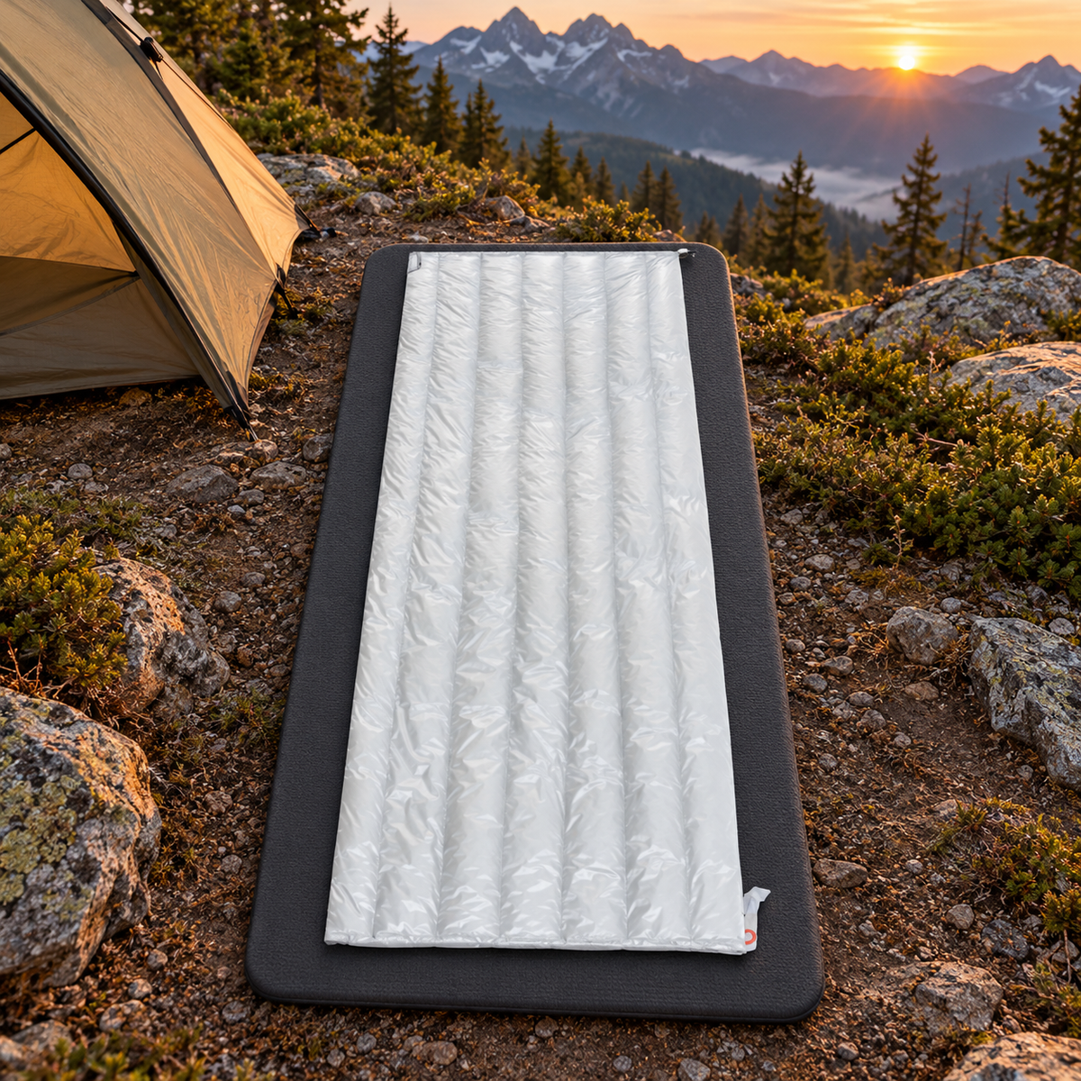Sac de couchage rectangulaire blanc installé sur un tapis au bivouac