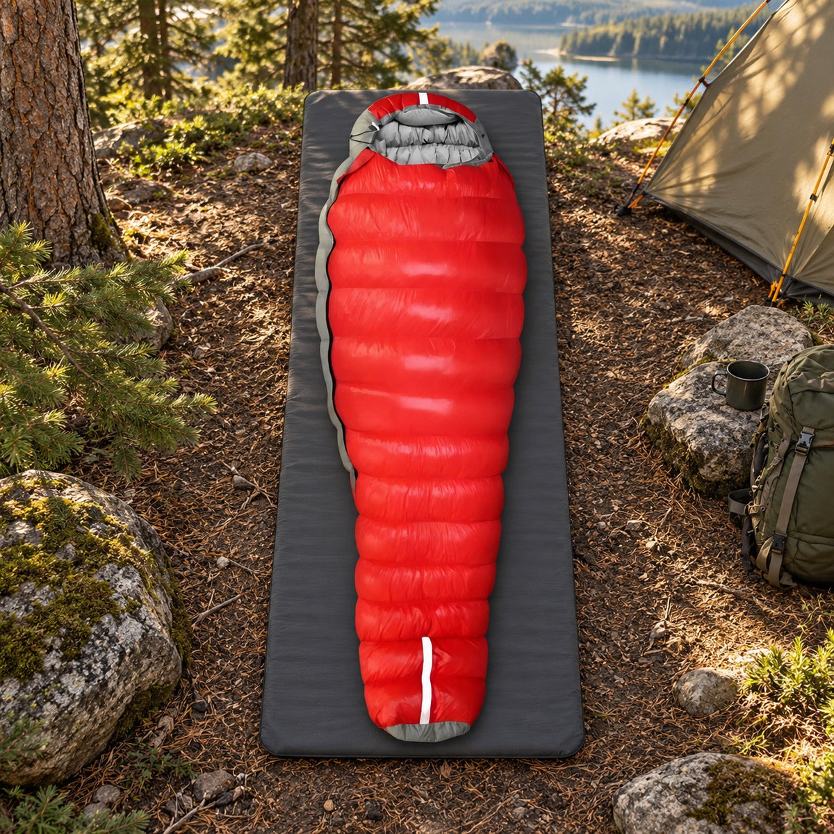 Sac de couchage rouge fermé sur tapis au camping