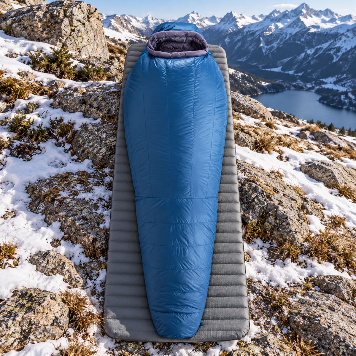 Sac de couchage sarcophage grand froid bleu entier sur tapis en montagne
