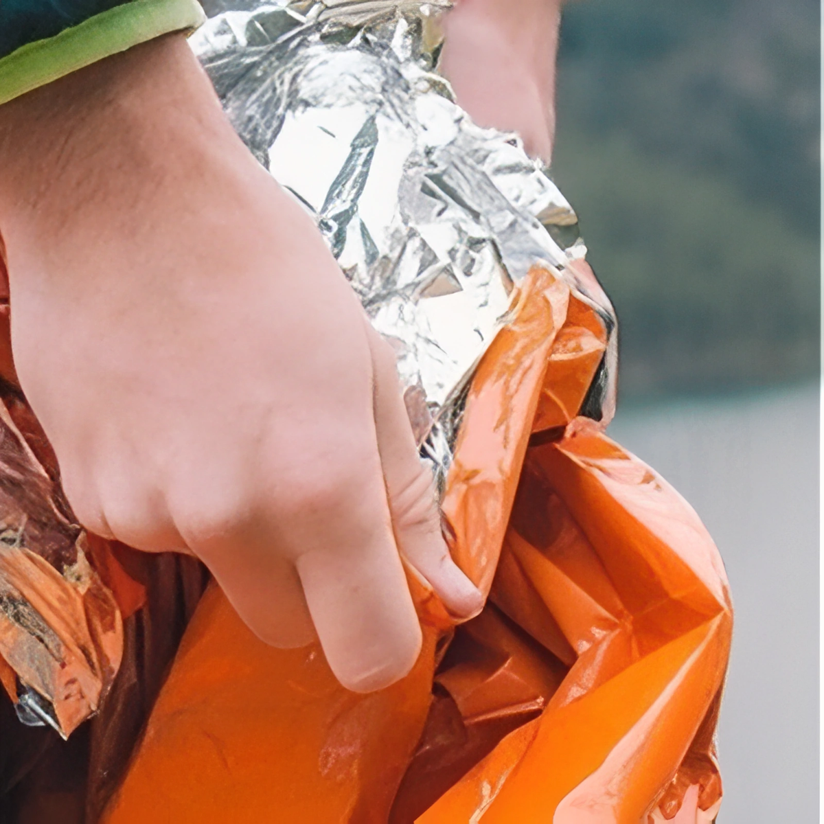 Sac de couchage de survie orange, détail de la matière réfléchissante