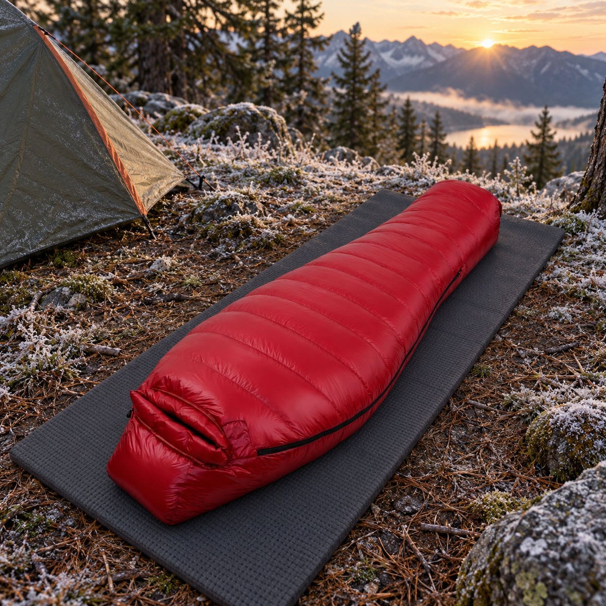 Sac de couchage synthétique rouge installé sur un tapis au bivouac