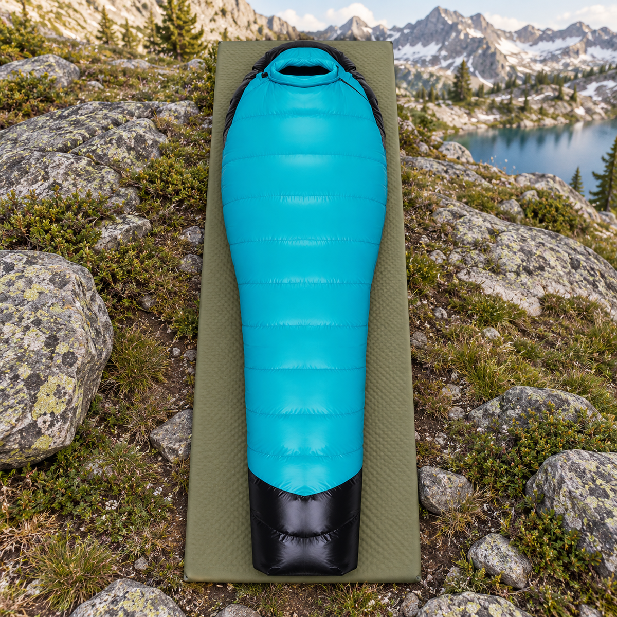 Sac de couchage turquoise et noir entier sur tapis en montagne