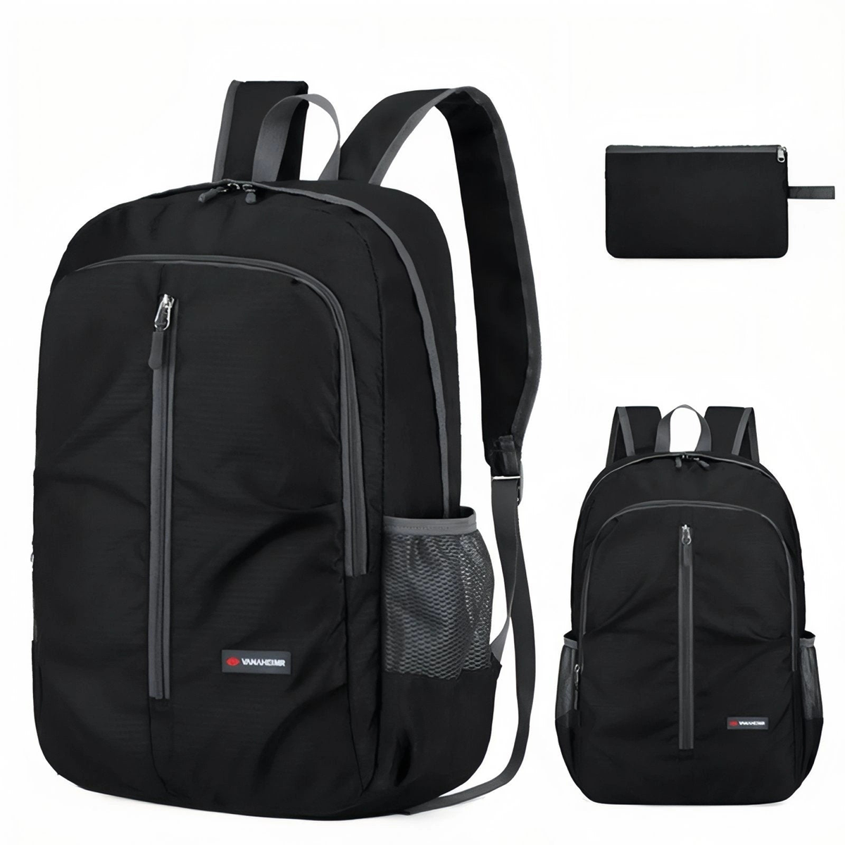 Sac de randonnée femme 30 L noir et gris – vues produit et pochette