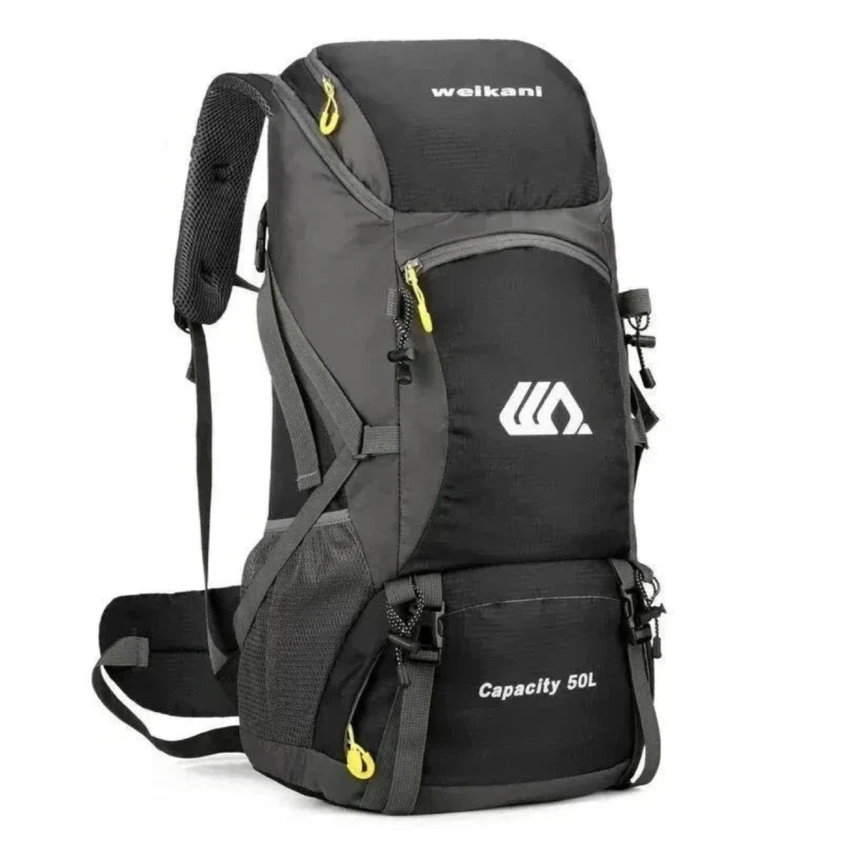 Sac de randonnée voyage 50 L noir – vue trois-quarts avant