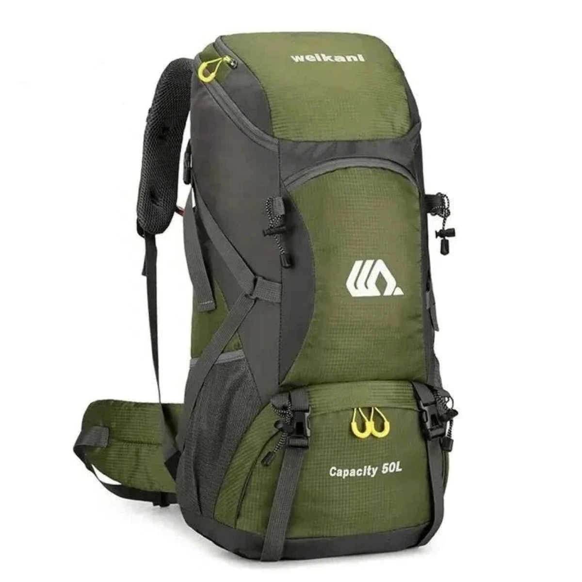 Sac de randonnée voyage 50 L vert – vue trois-quarts avant