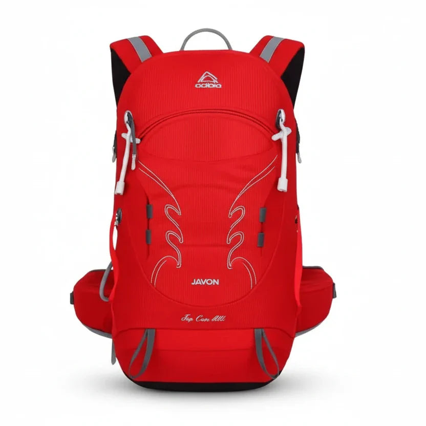 Sac à dos de randonnée 30L rouge avec maintien dorsal respirant.
