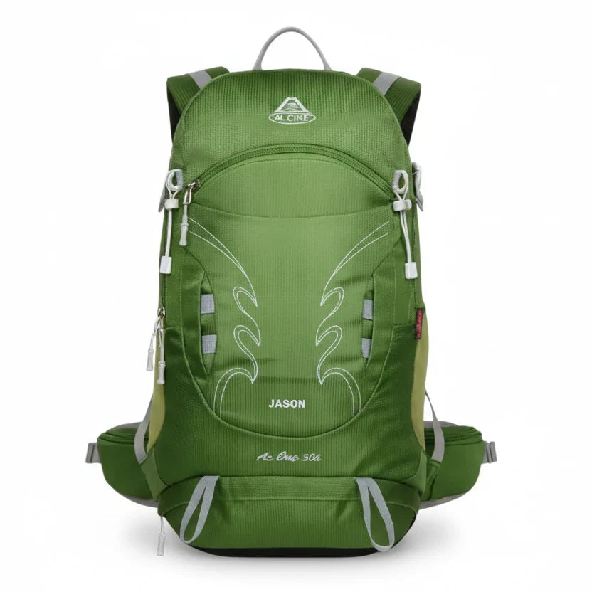 Sac à dos de randonnée 30L vert respirant avec maintien dorsal suspendu.