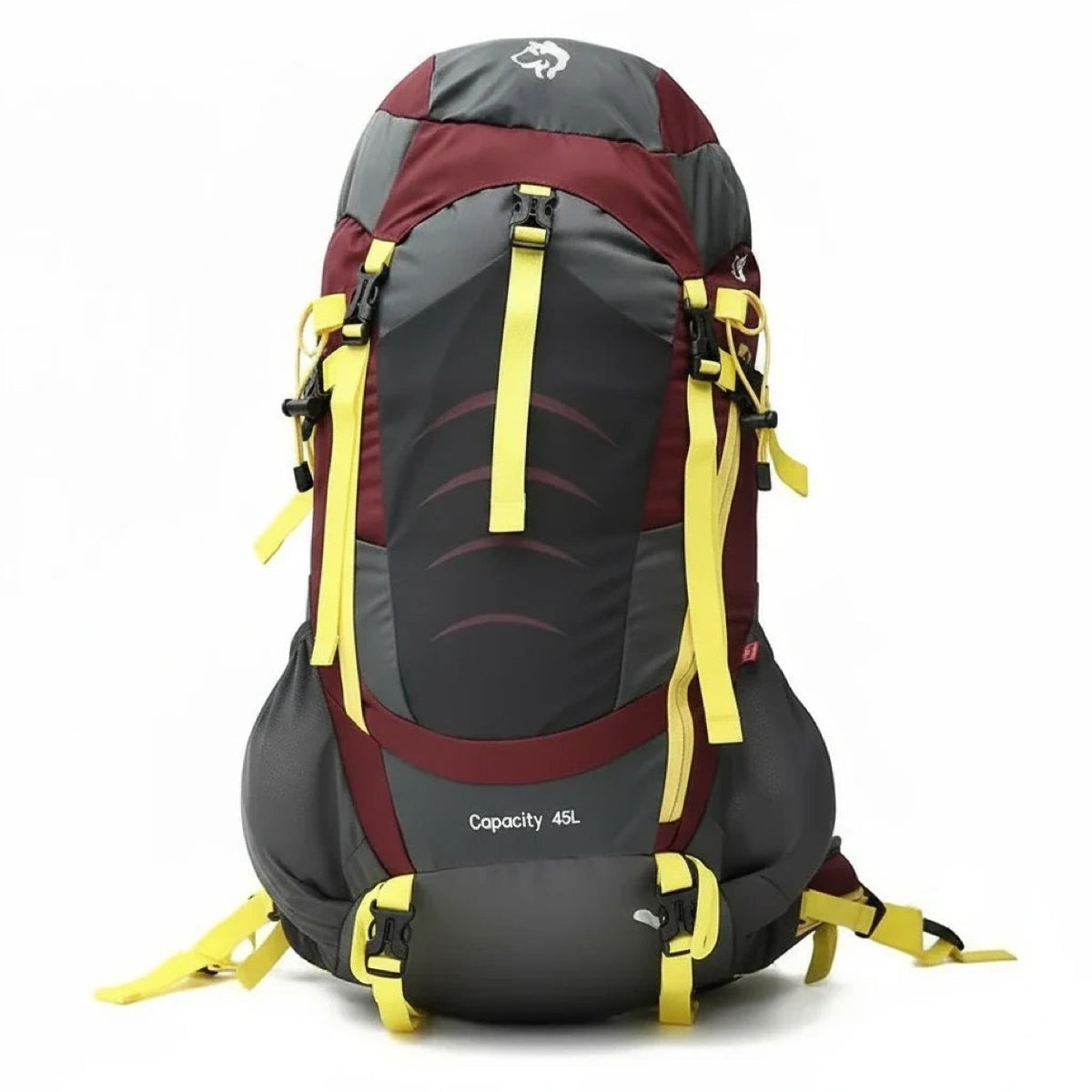 Sac randonnée léger 45 L rouge foncé et gris – vue de face