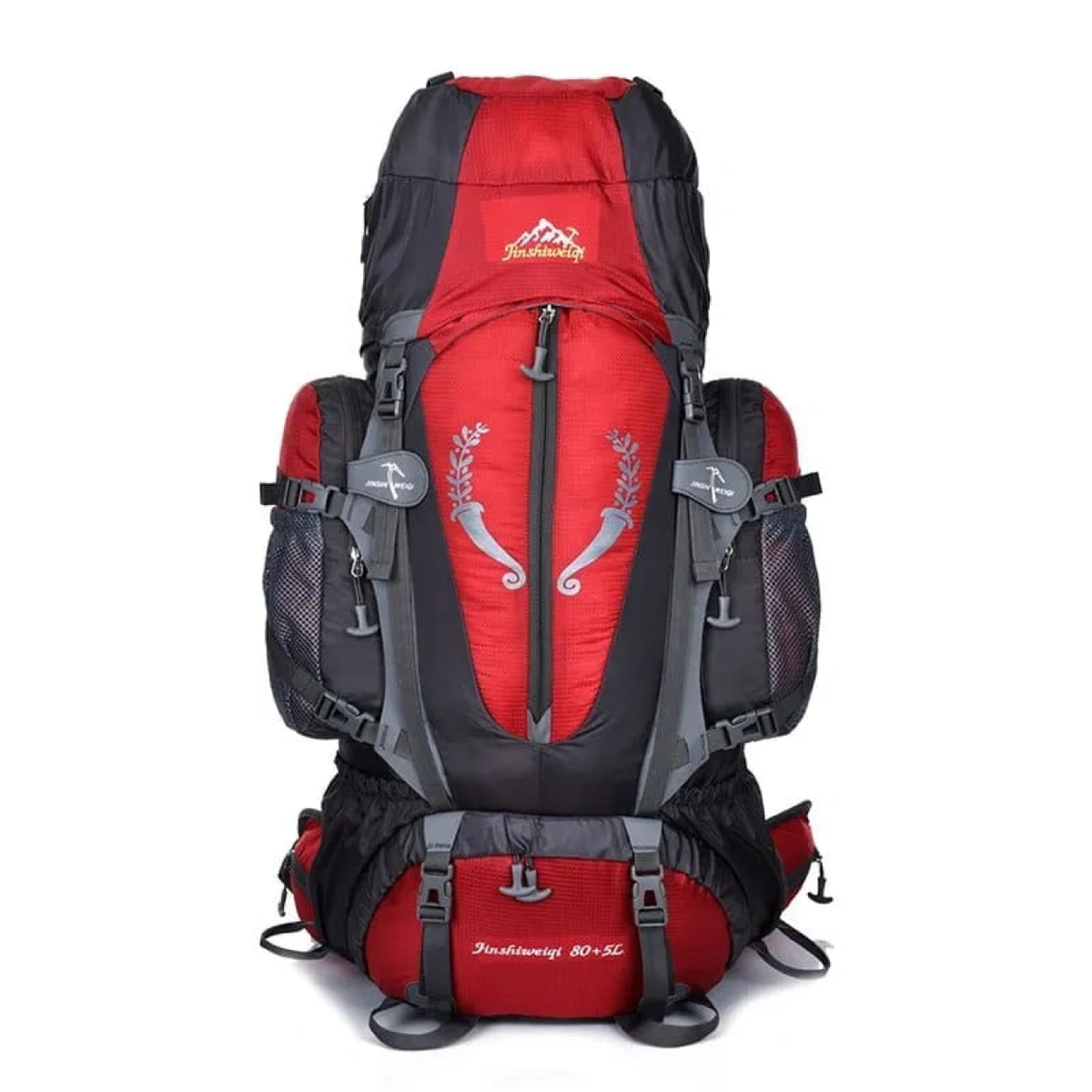 Sac de randonnée rouge 80 + 5 L avec sac amovible – vue de face