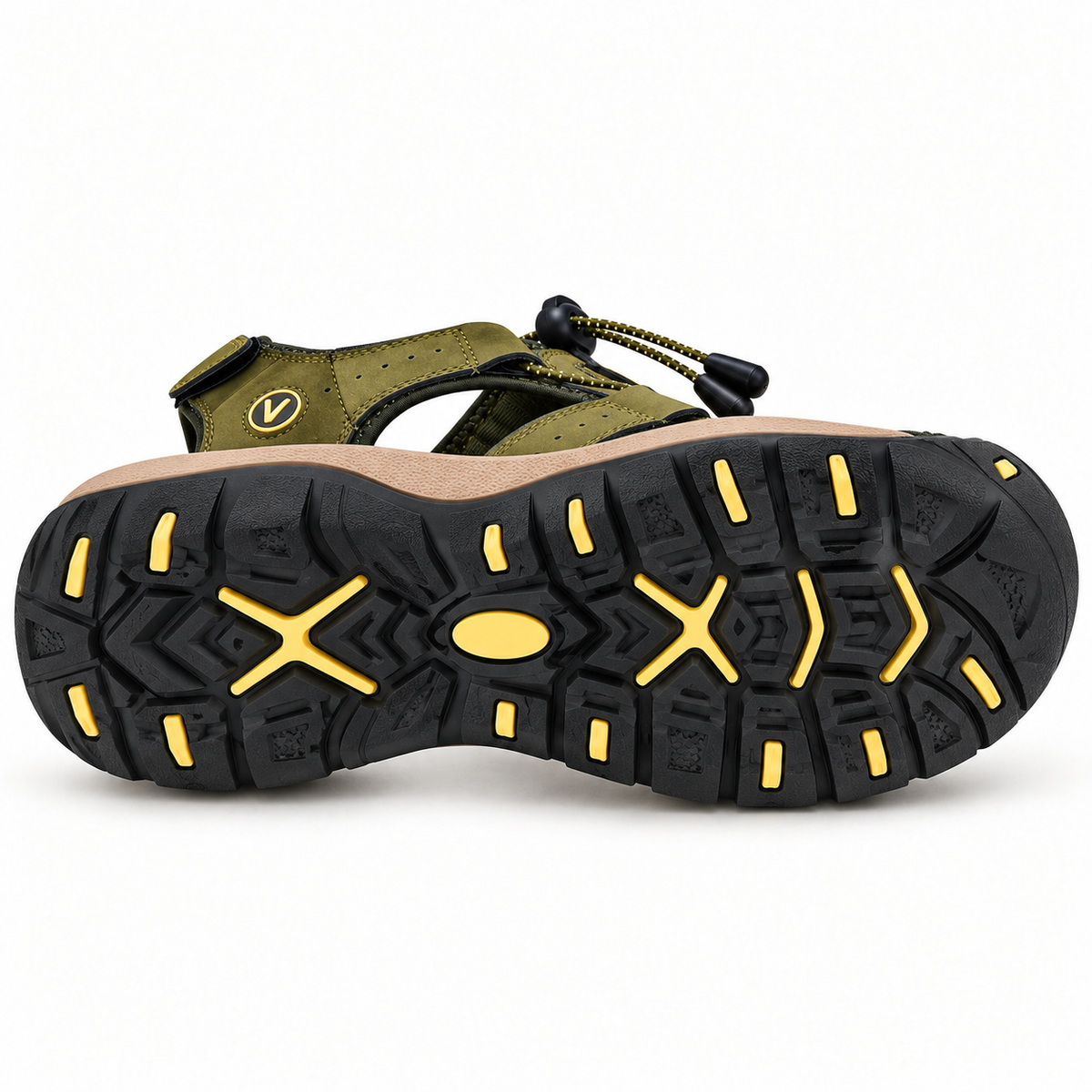 Sandale randonnée homme kaki couchée sur le côté montrant toute la semelle attachée