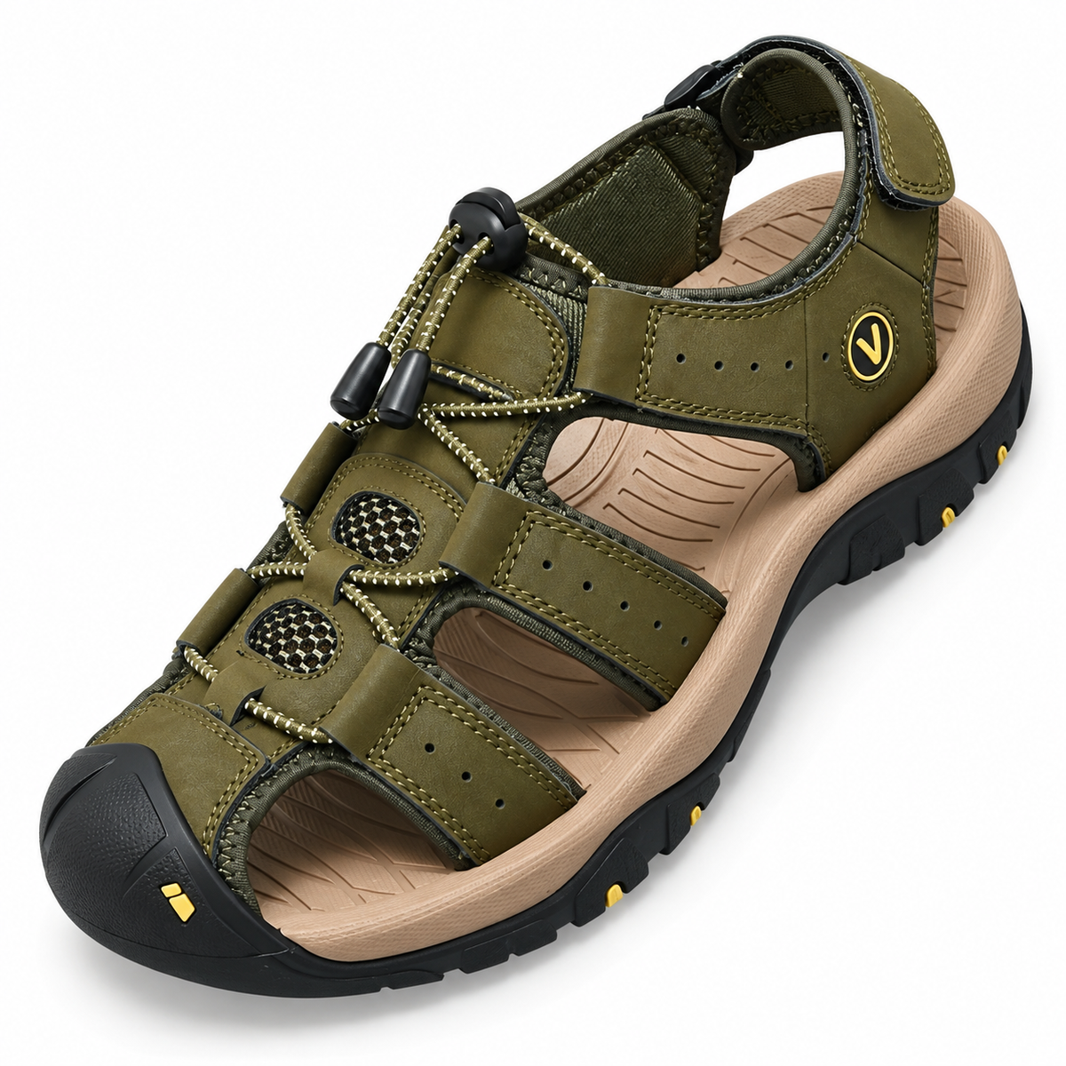 Sandale randonnée homme kaki vue du dessus montrant chaussant et serrage