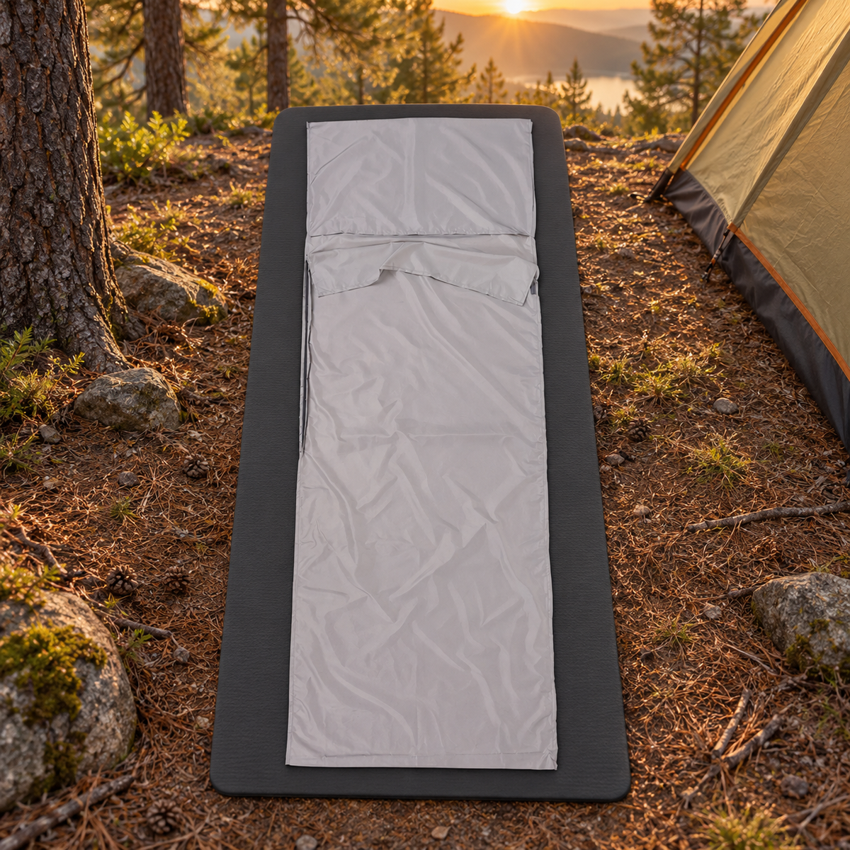 Sous-sac de couchage gris installé sur un tapis au bivouac