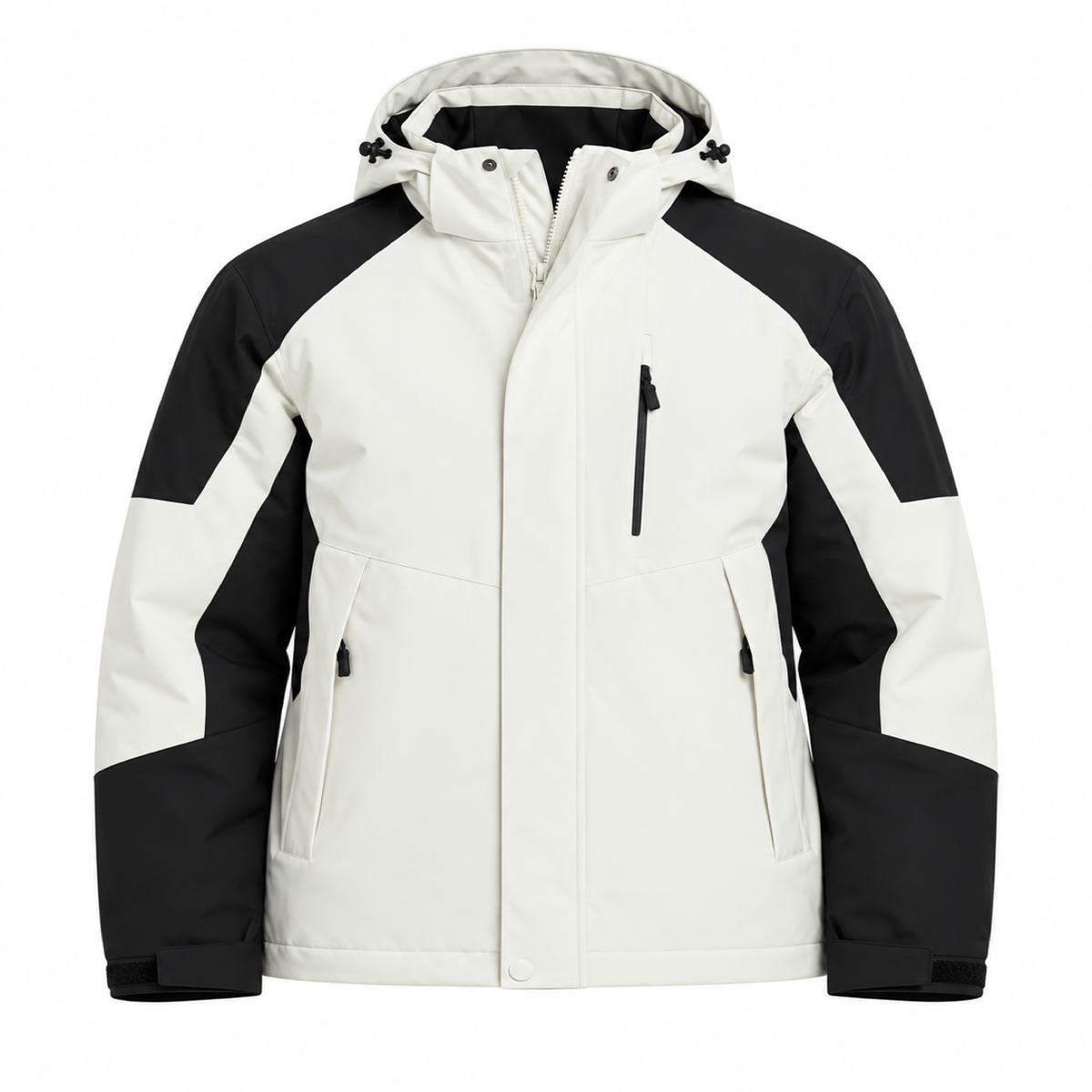 Veste anorak homme blanche et noire vue de face sur fond blanc
